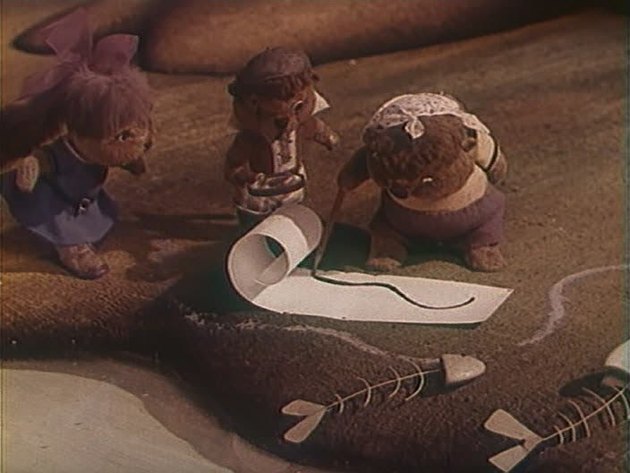 Кадр из мультфильма "Бобры идут по следу"
